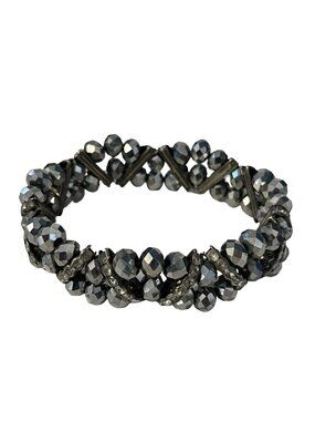 Faceted Hematite Bead Stretch Bracelet Black Metallic Crystal Chunky Stackable